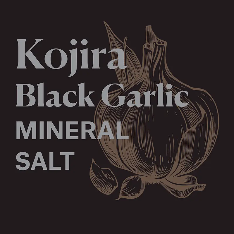 Kojira Black Garlic Mineral Salt product label with garlic illustration
