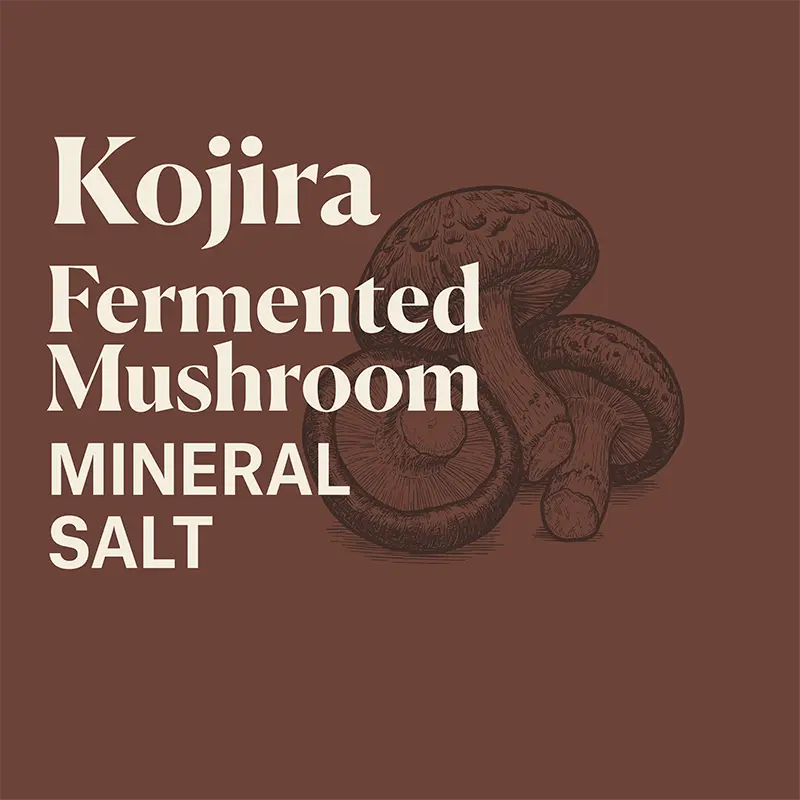 Kojira Fermented Mushroom Mineral Salt product label with mushroom illustration