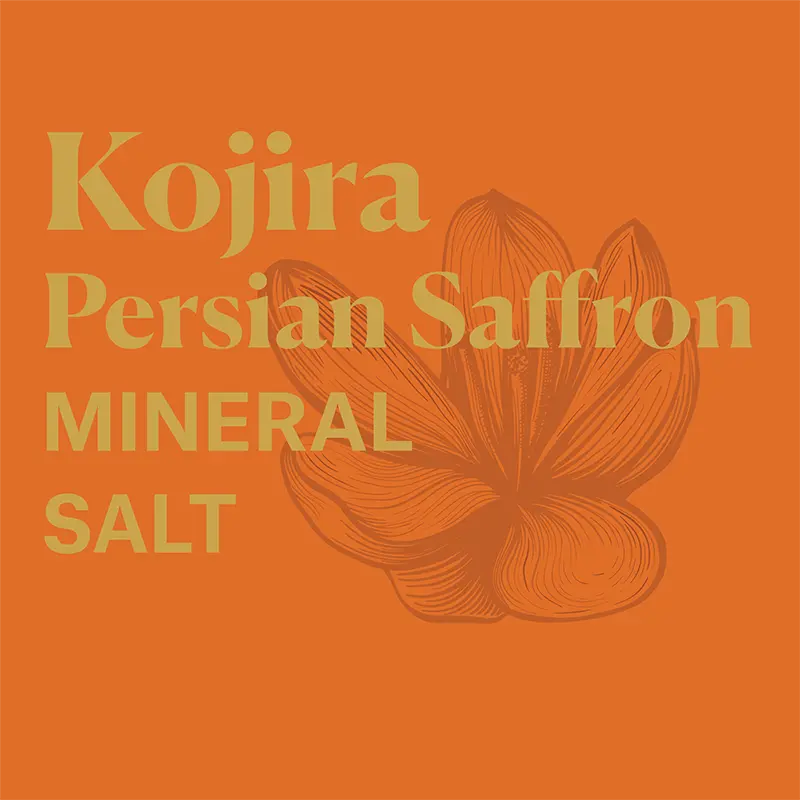 Kojira Persian Saffron Mineral Salt product label with crocus illustration