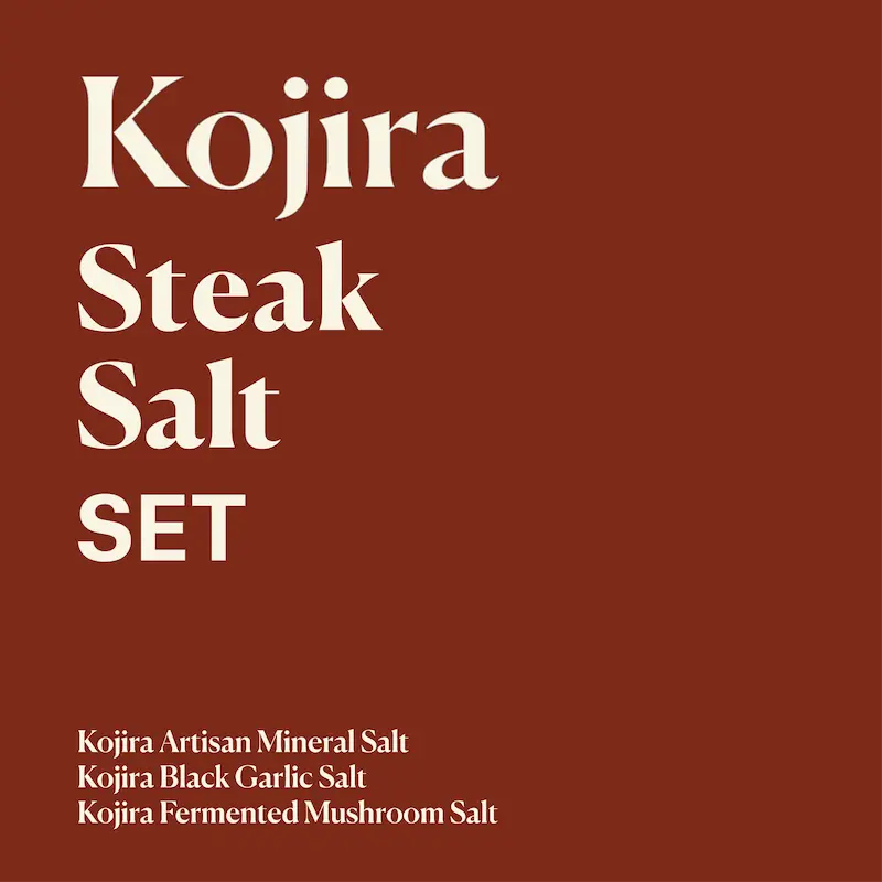 Kojira Steak Salt Set featuring Artisan Mineral Salt, Black Garlic Salt and Fermented Mushroom Salt for the perfect steak.