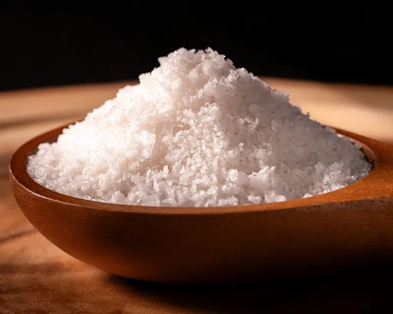 Finishing salt crystals in a wooden bowl for the Maison Kojira finishing salt guide