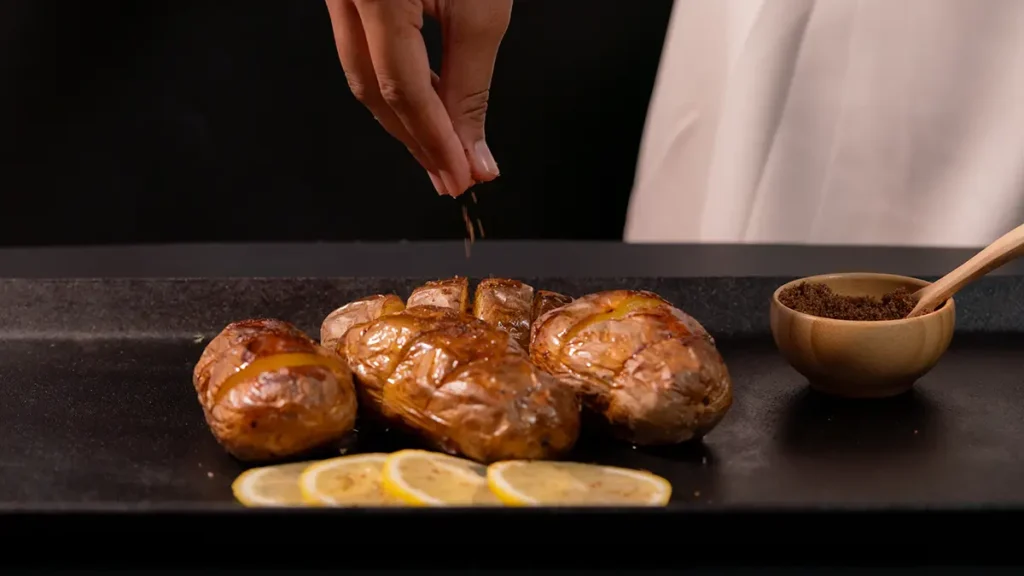 Finishing salt being added to hot roast potatoes after cooking