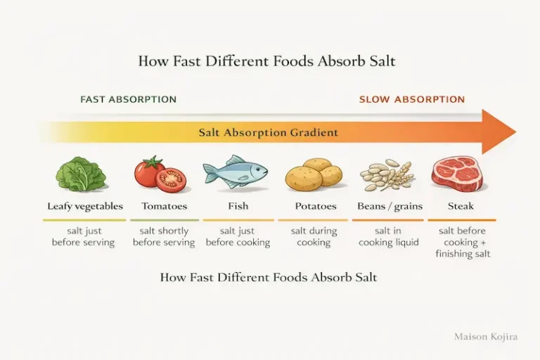 Table showing how different foods absorb salt during cooking, from leafy vegetables to steak