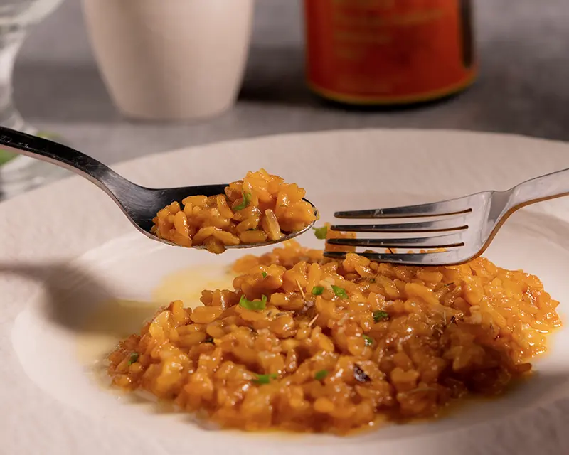 Finished saffron risotto showing how to season risotto with Kojira Persian Saffron Salt