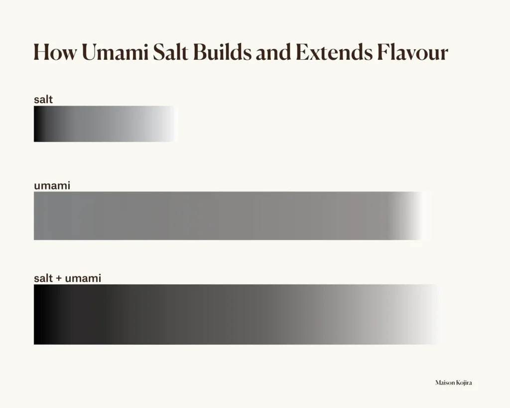 Umami salt diagram showing how salt and umami build flavour and extend taste over time