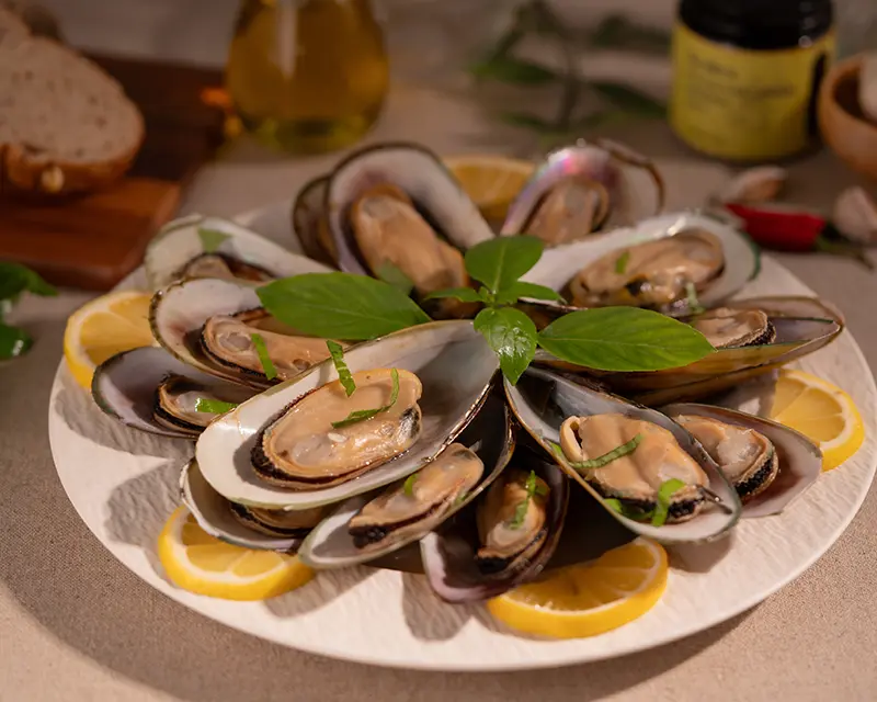 Steamed mussels recipe with fresh lemon, garlic and basil, served in open shells on a white ceramic plate with lemon slices.