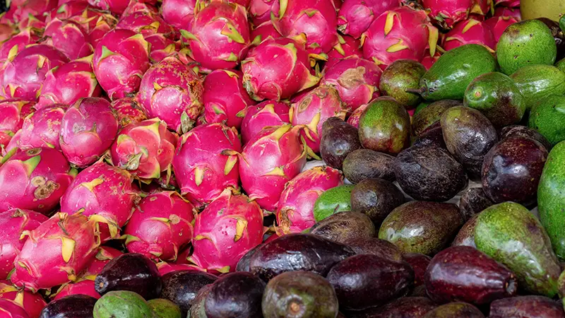 Bangkok fruit stand with dragon fruit and tropical fruit for a salt on fruit guide