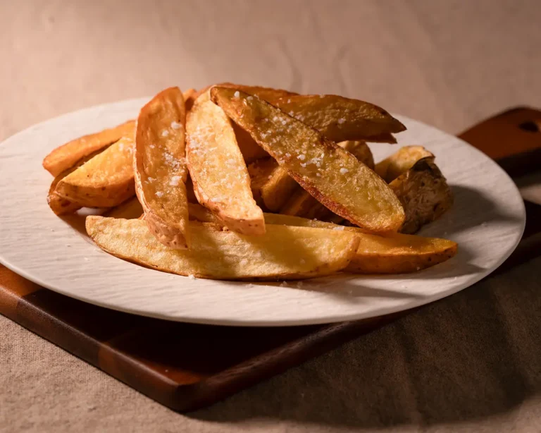 Thick cut potato wedges with coarse finishing salt on a white plate