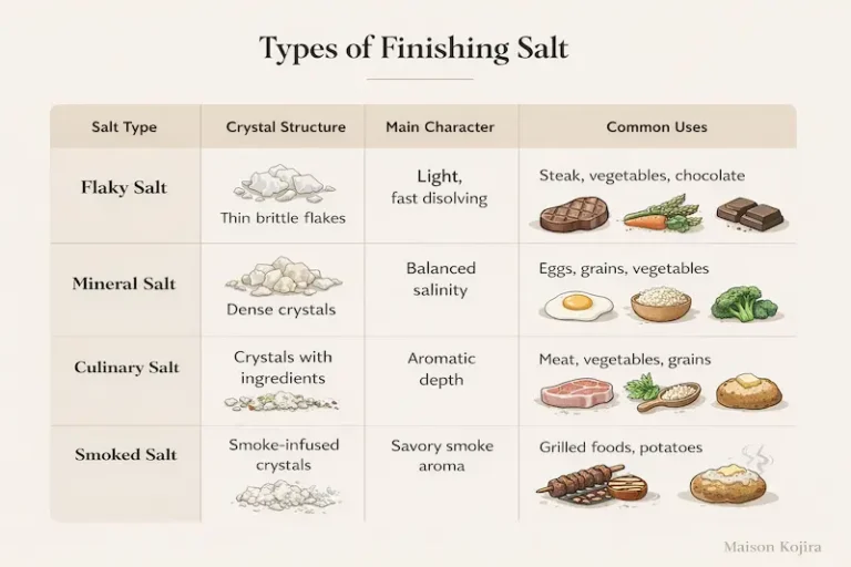 Comparison of flaky salt, mineral salt, smoked salt and flavoured culinary salts used as finishing salts