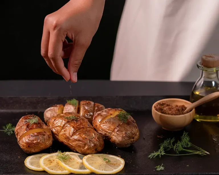Hot roast potatoes being finished with salt, showing when to salt roast potatoes for crisp edges and a seasoned centre.